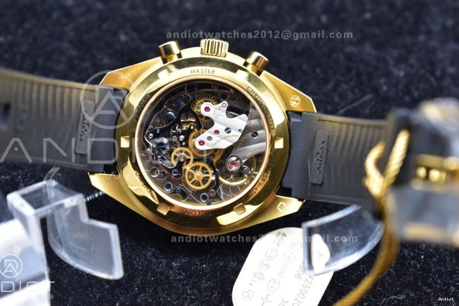 RMF Strap on Gold YG Chrono in Best Black YG Manual Moonshine Speedmaster Moonwatch Edition Dial Rubber 0113
